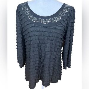 Janeric Womens Black 3/4 Sleeve Tiered Ruffled Layered Embellished Top Size PXL